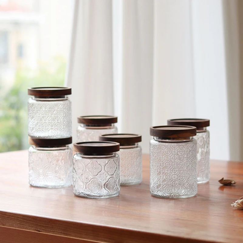 Embossed Glass Food Can 500ml 700ml Bamboo Wood Cover Snack Candy Storage Sealed Glass Bottle Mason Jar