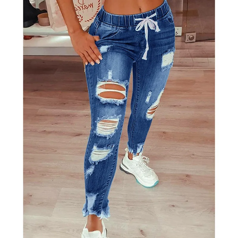 Custom Jeans Mujer Stylish New High Quality Ladies Stretch Skinny Blue Denim Pants Ripped Distressed Women Jeans