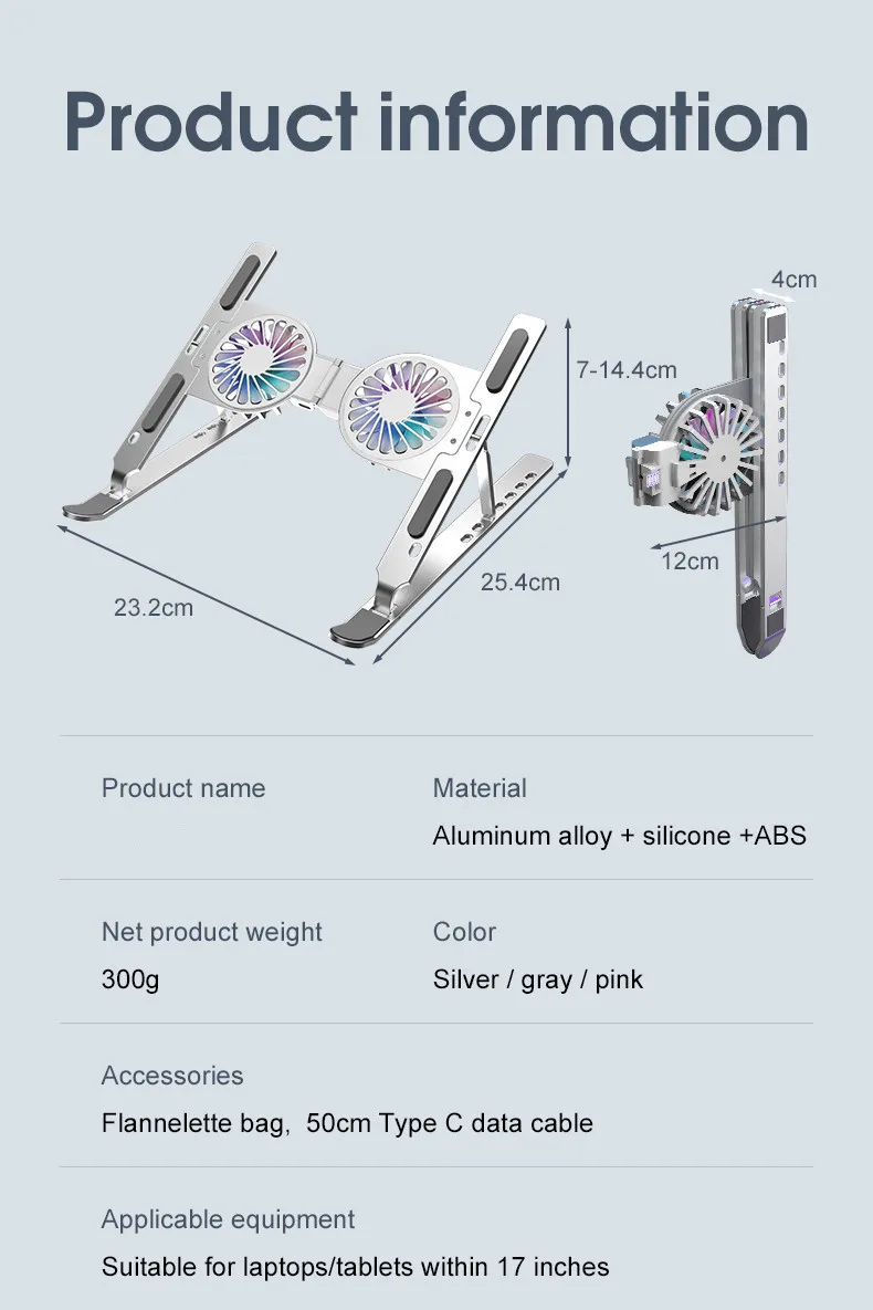 New Laptop Stands Tablet Holder with Fans RGB Light 6 Angles Adjustable Aluminum Foldable Portable Computer Accessories 11