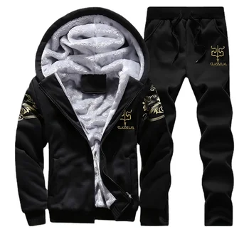 100% Polyester Men Winter Plush padded Outfits Casual Tracksuits Warm Clothes Two Piece sweatpants and hoodie set Fashion Sets
