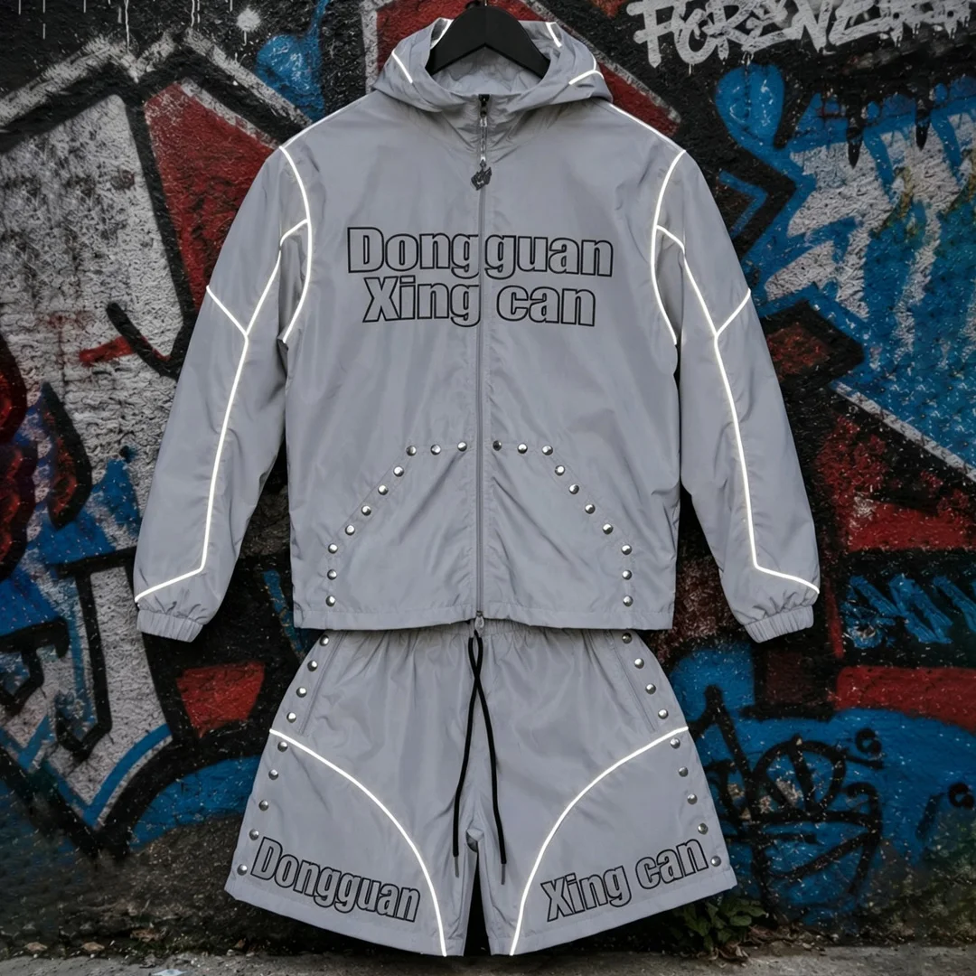 product custom streetwear nylon rivet tracksuit men full zip hooded windproof jacket screen printing matching shorts two piece set xxl-0