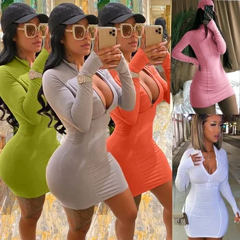 2022 Casual Cut Out Sexy Summer Fall Long Sleeve Women Short Tight Bodycon Dresses