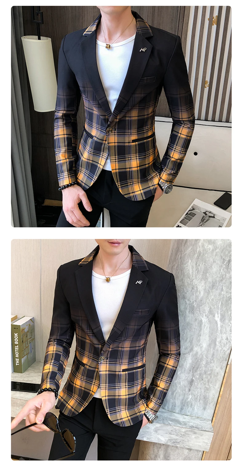 2023 Spring Autumn Men Blazer Fashion Colorblock Plaid Slim Fit Suit