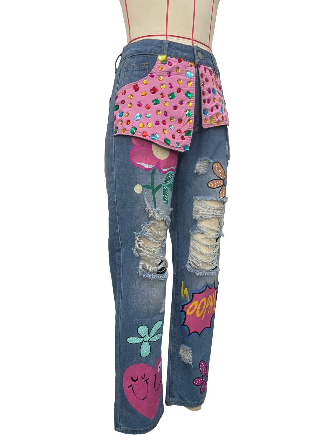 Women's Streetwear Spring Hotfix Rhinestone Embellished Printed Ripped Denim Jeans supplier