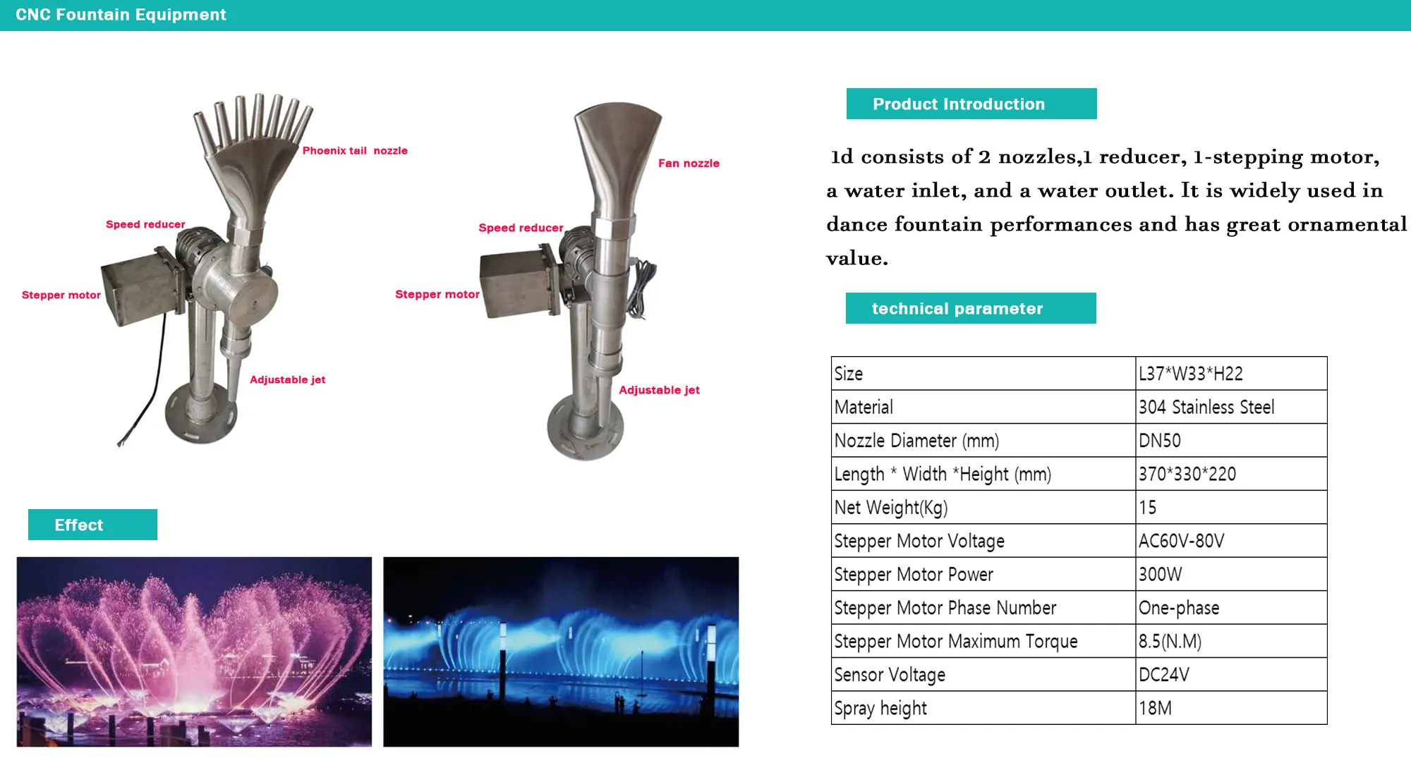 1d Fountain Nozzle for Fountain With Waterproof Stepper Motor and DMX512 Control System details
