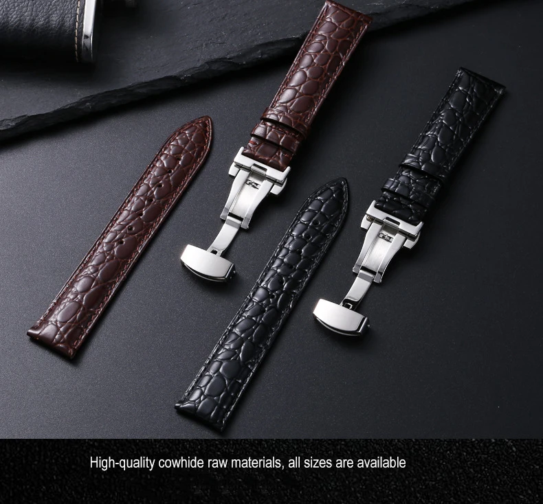 Stainless Steel Automatic Clasp Men Crocodile Pattern Watchband 18mm 20mm 22mm Genuine Leather 1330