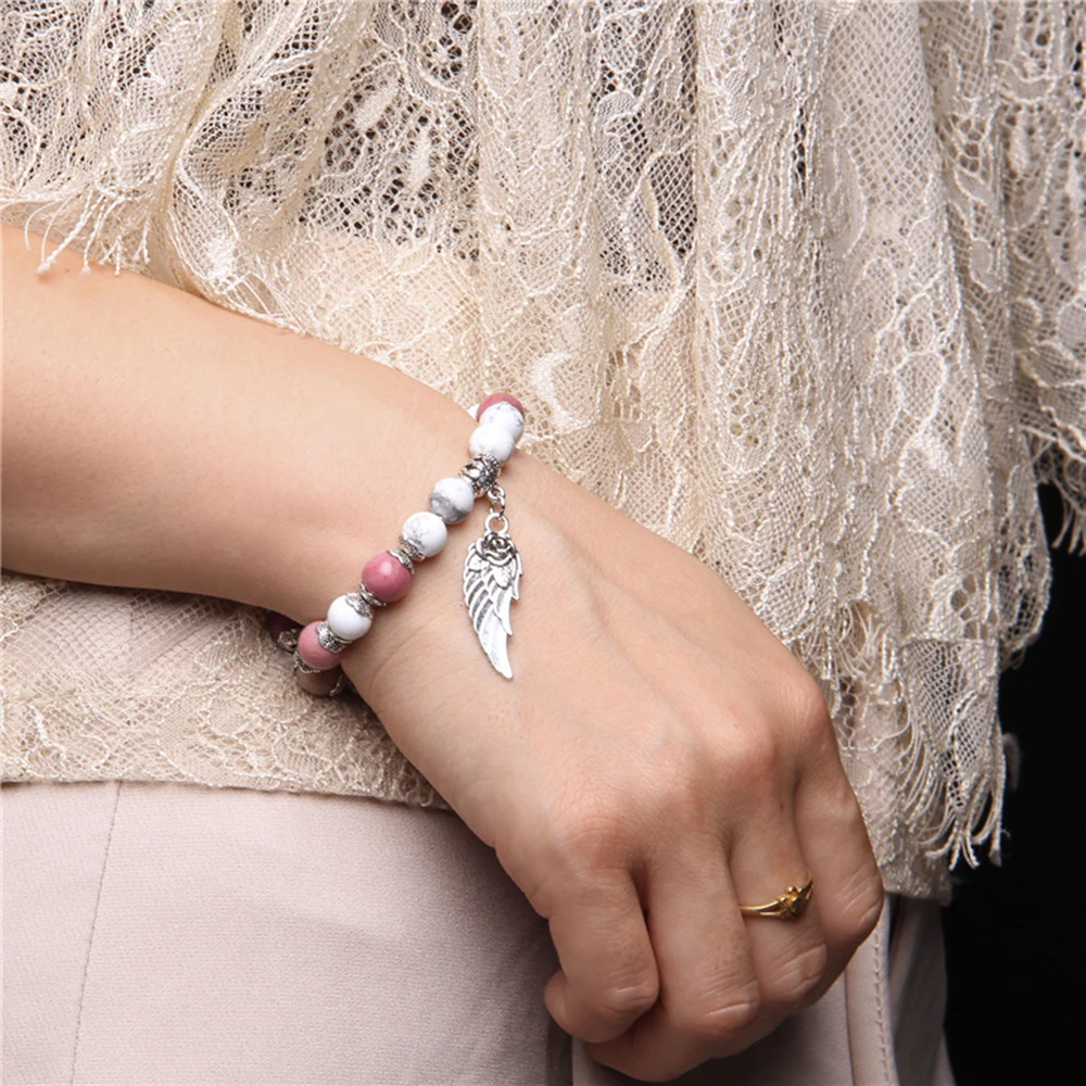 2023 Handmade Hot Men Jewelry Angel Wing Beaded Summer Natural Chunky Stone Charm Bracelet for Women