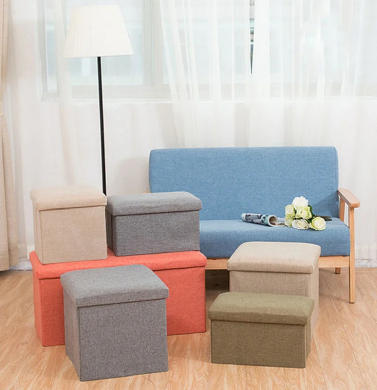 Portable Storage Stool Home Folding Chair Storage Container Space Save Square Linen Fabric Storage Box