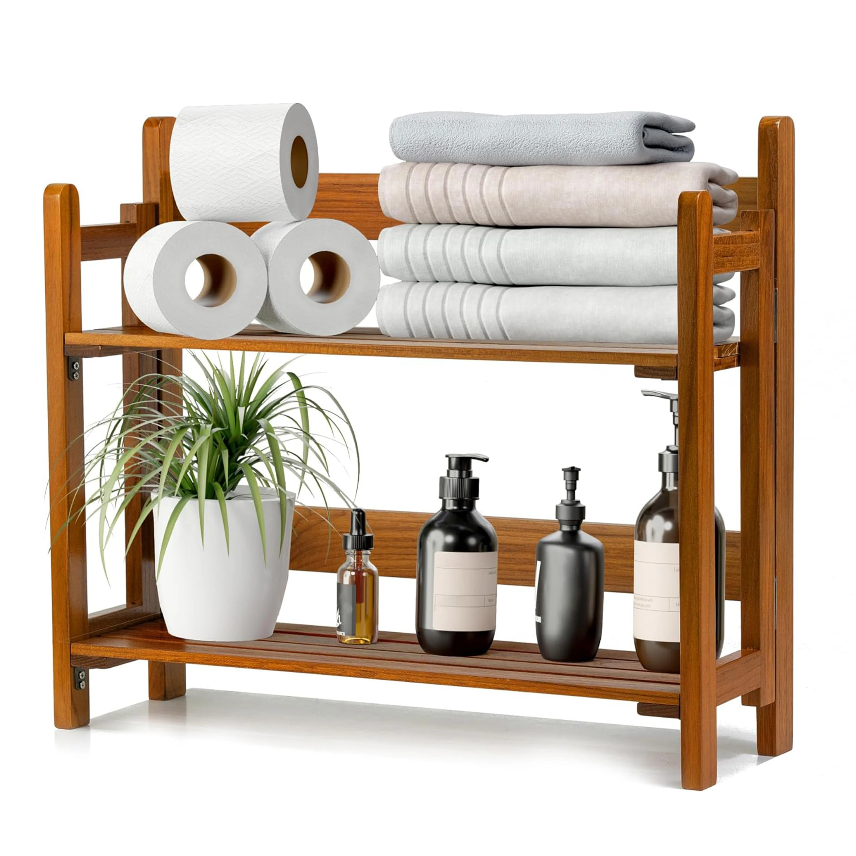 product acacia wood bathroom shelf 2 tier foldable wall mounted over toilet storage waterproof countertop space saving kitchen organizer-2