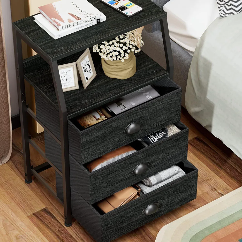 Black Bedside Table Nightstand with 3 Fabric Storage Drawers and 2-Tier Shelf manufacture