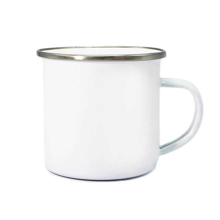 Factory Wholesale 12oz blank roll rim steel rim White Coated Sublimation enameled cup camping mugs enamel coffee mug