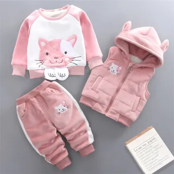 Winter Kids Clothing Sets 3 pcs Cartoon Kitten Prints Baby Girls Boys Clothes Velvet Sweater + Vest + Trouser Kids Wear