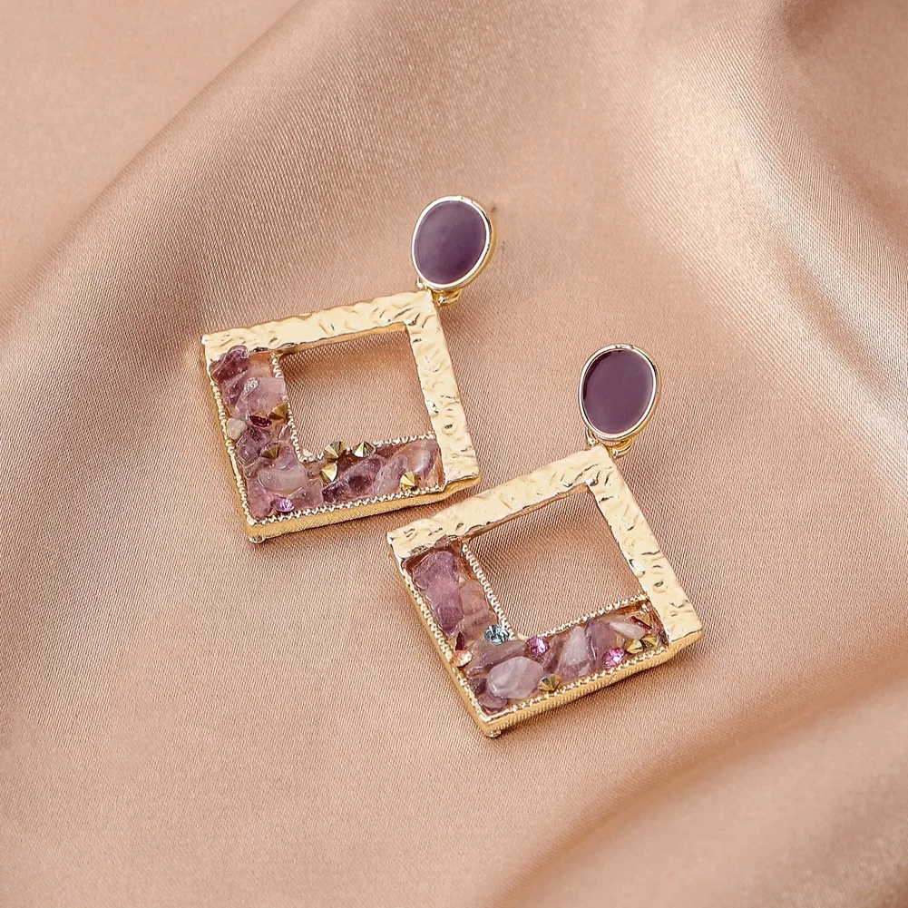 New earrings geometric hollow purple crushed stone earrings personality temperament fashion jewelry