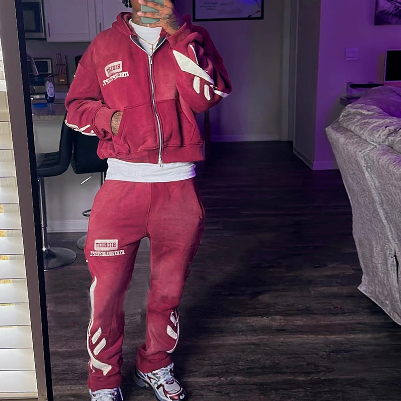 Acid Washed Streetwear Breathable Zipper Hoodie Flared Sweatpants Tracksuit Set Spring Perfect Match Acid Wash Distress Patch manufacture