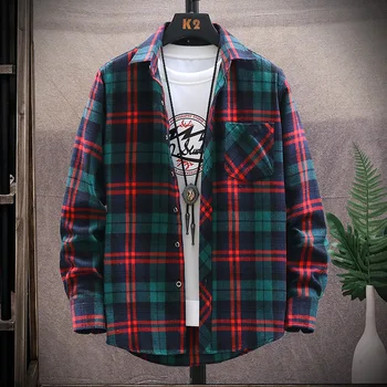 Men's plus Size spring winter warm Flannel m-2xl 6XL woven streetwear Long Sleeve men Brushed Plaid over shirt shirts for Casual