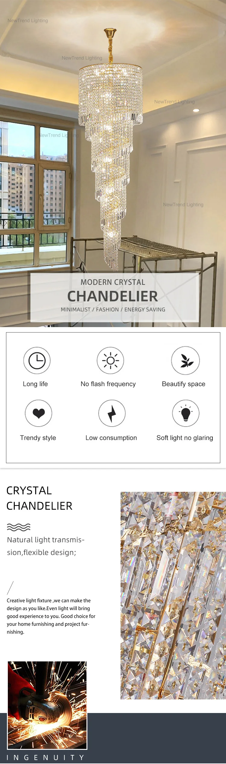 CPL-116 Luxury Style Indoor Decoration Hotel Lobby Villa Staircase LED Crystal Custom Chandelier manufacture