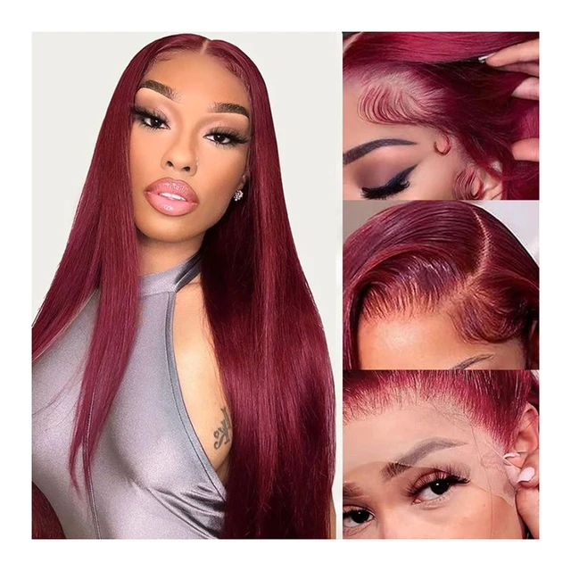 Raw Virgin Brazilian Hair Wigs 30 Inch Straight 13x6 Lace Front Wigs Human Hair 99j Ginger Red Wine Colored Lace Frontal Wigs