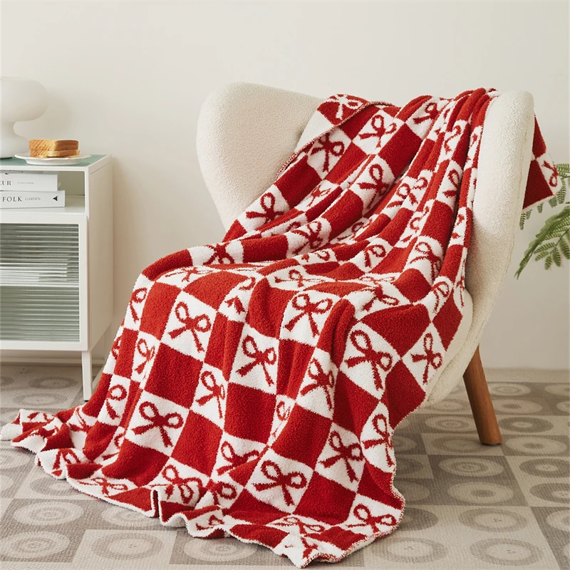 product zs bow warm soft checker decorative 100 polyester knitted throw baby blanket home office-59