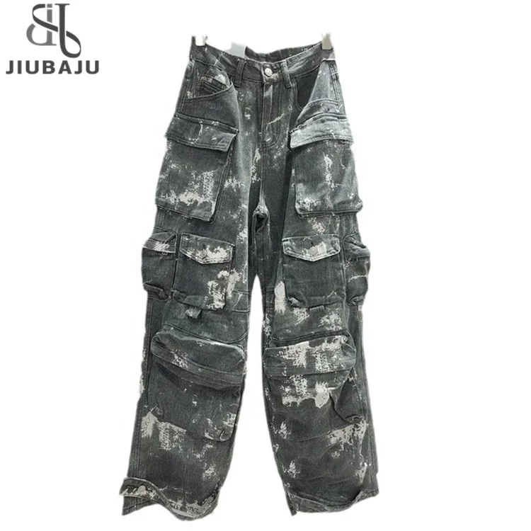 Women Jeans High Waist Camouflage Multiple Pockets Cargo Loose Straight Leg Denim Pants 2023