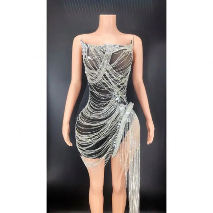 Blue Crystal Rhinestone Wedding Dress New Design Summer Women'S Sexy Deep Sling Dresses Fashion Elegant Party Dress