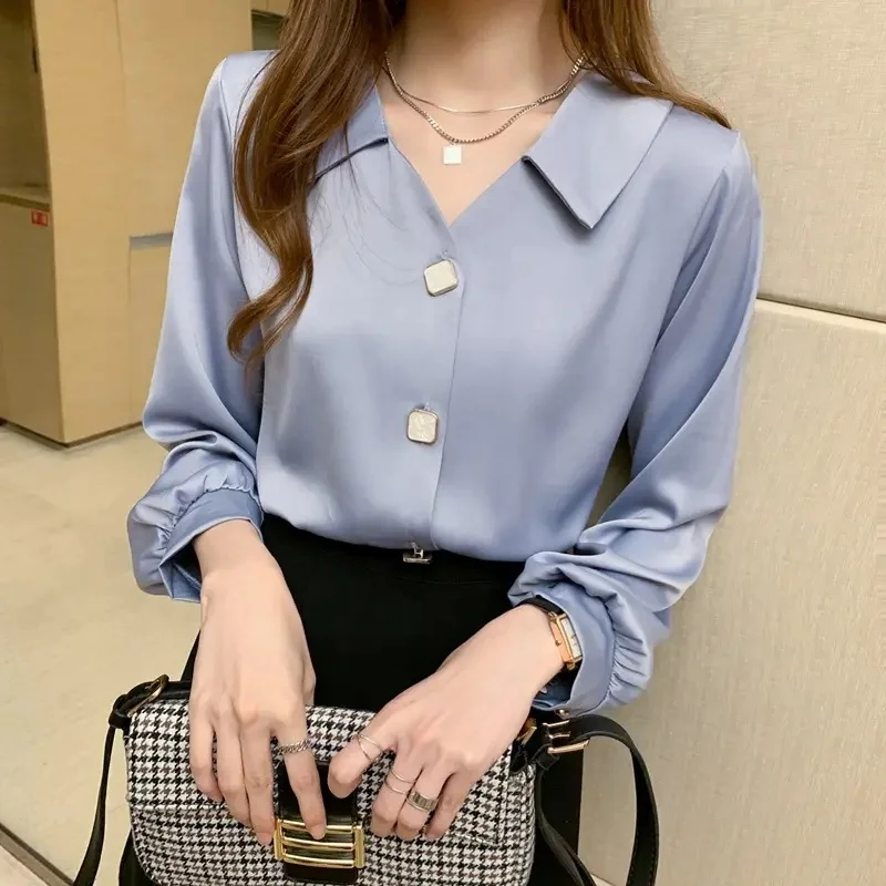 Stylish women's top Button up shirt Classic long-sleeved collared top Work office chiffon shirt