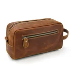 Bag Stylish Wine Red Wash Bag Zipper Unisex Genuine Leather Cosmetic Makeup Bag For Travel