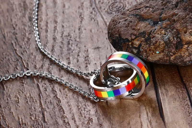 LGBT Jewelry Gay Pride Rainbow Jewellery Gay Lesbian Necklace Double Ring Rainbow Pendant 316L Stainless Steel Rainbow Necklaces