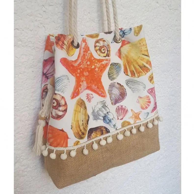 Exquisite eco-friendly canvas stitching jute bag travel beach bag customization logo