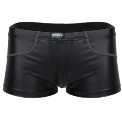 Fashion Plus Size Boxer Briefs Mens Black Holes Bulge Pouch Leather Shorts Underpants