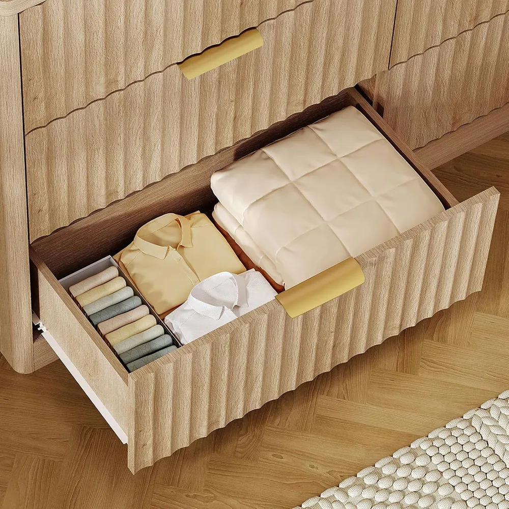 product modern 6 drawer wide fluted chest of drawers metal handles curved profile design wood material for bedroom living room storage-3