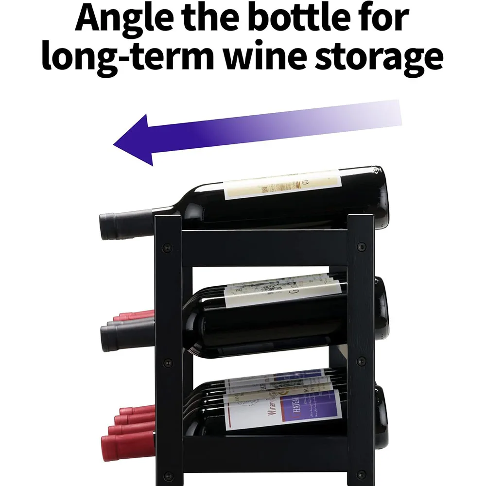 Modern 3-Tier 12 Bottles Bamboo Wine Rack Sturdy Durable 3-Degree Swivel Black Storage Cabinet Shelf for Countertop Pantry factory