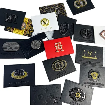 Customized brand clothing, jeans, leather tags, calf leather tags with metal logos, hardware jackets, hats, leather tags