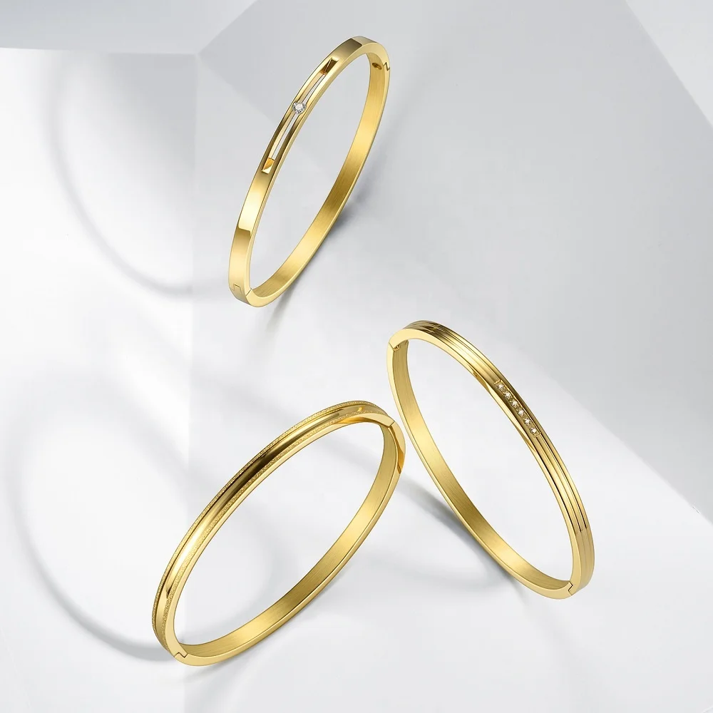 Latest 18K Gold Plated Stainless Steel Jewelry Geometric Zircon Bangle For Women Accessories Cuff Bracelet BM182012