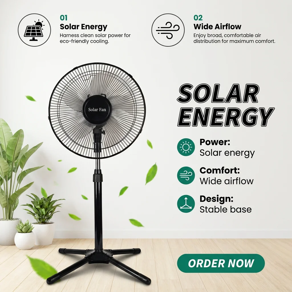 Saving Solar Standing Fan, Solar Panel +DC, 15W(0.02hp) - detail 2