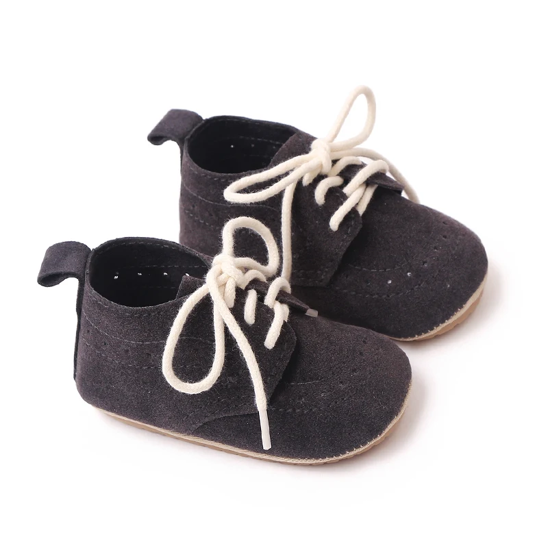 British Style Solid Color Sanded Leather Baby Non-slip Bow Front Lace-up Toddler Shoes factory