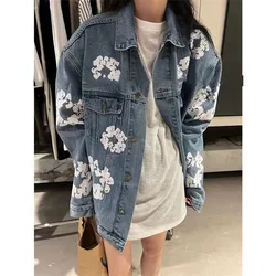 New Flower Washed Denim Jeans Jacket Men Women Fashion 2023 Oversized Jackets Coat