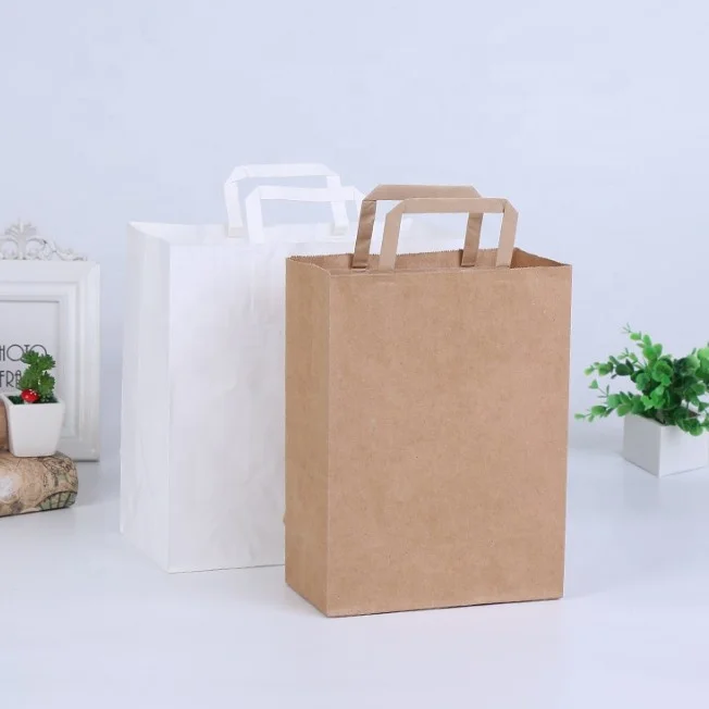 All Sizes White or Brown Kraft Paper SOS Takeaway Carrier Bags Flat Handles 
