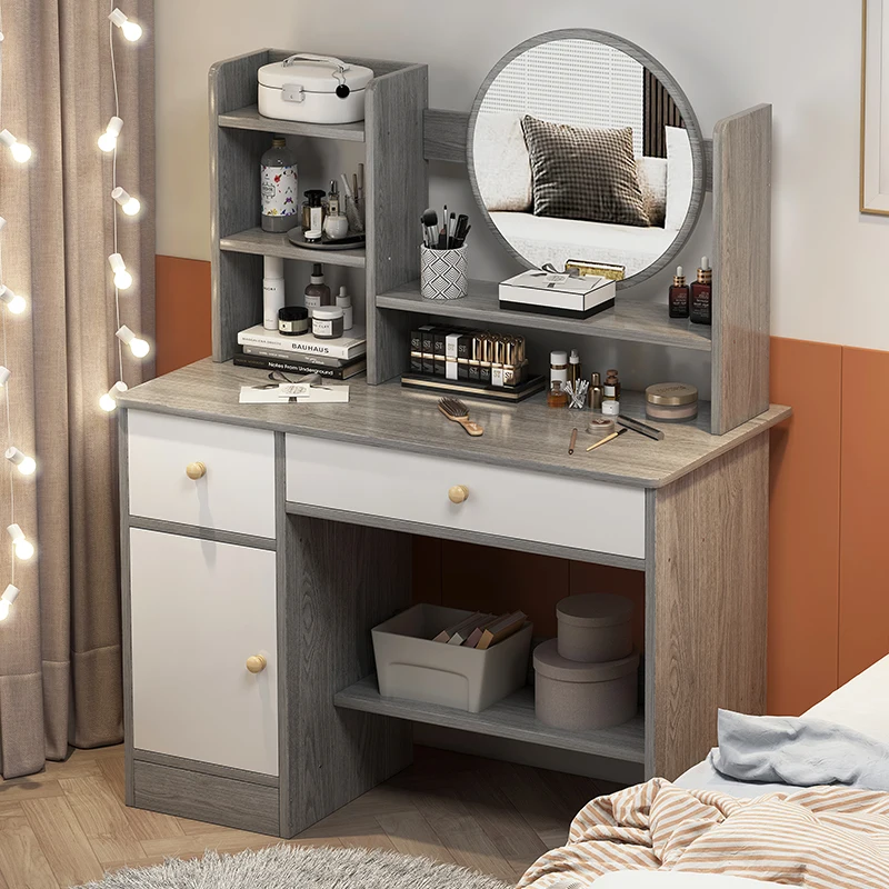 Cheap Wooden Gray White Vanity Set Makeup Table for Bedroom with Led Lights Mirrors and Drawers