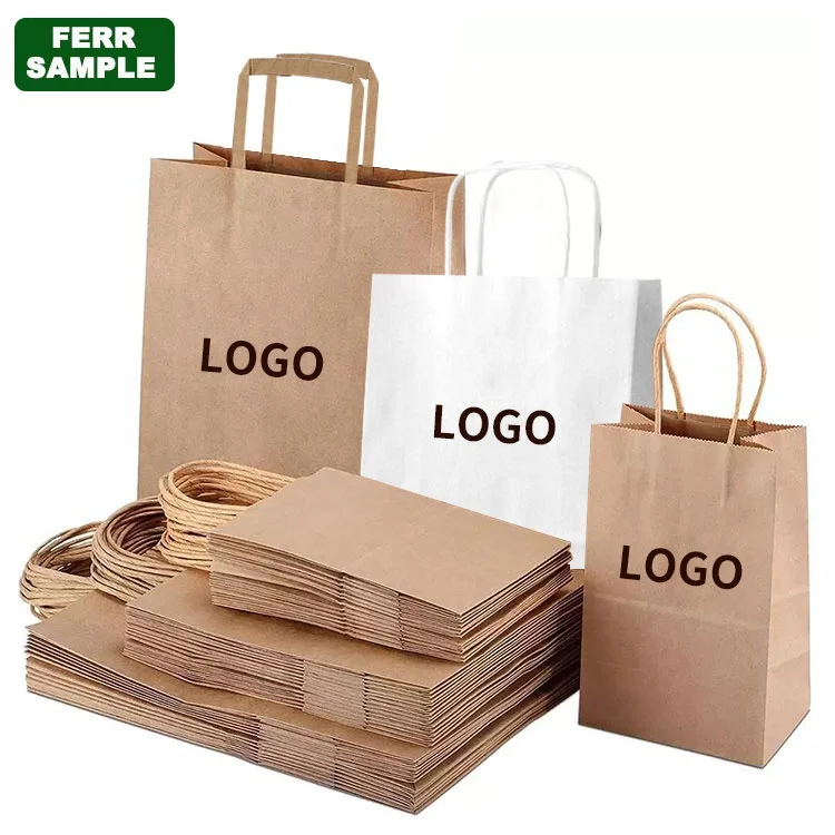 White Brown Kraft Paper Shopping Bags With Custom Logo Stamping And