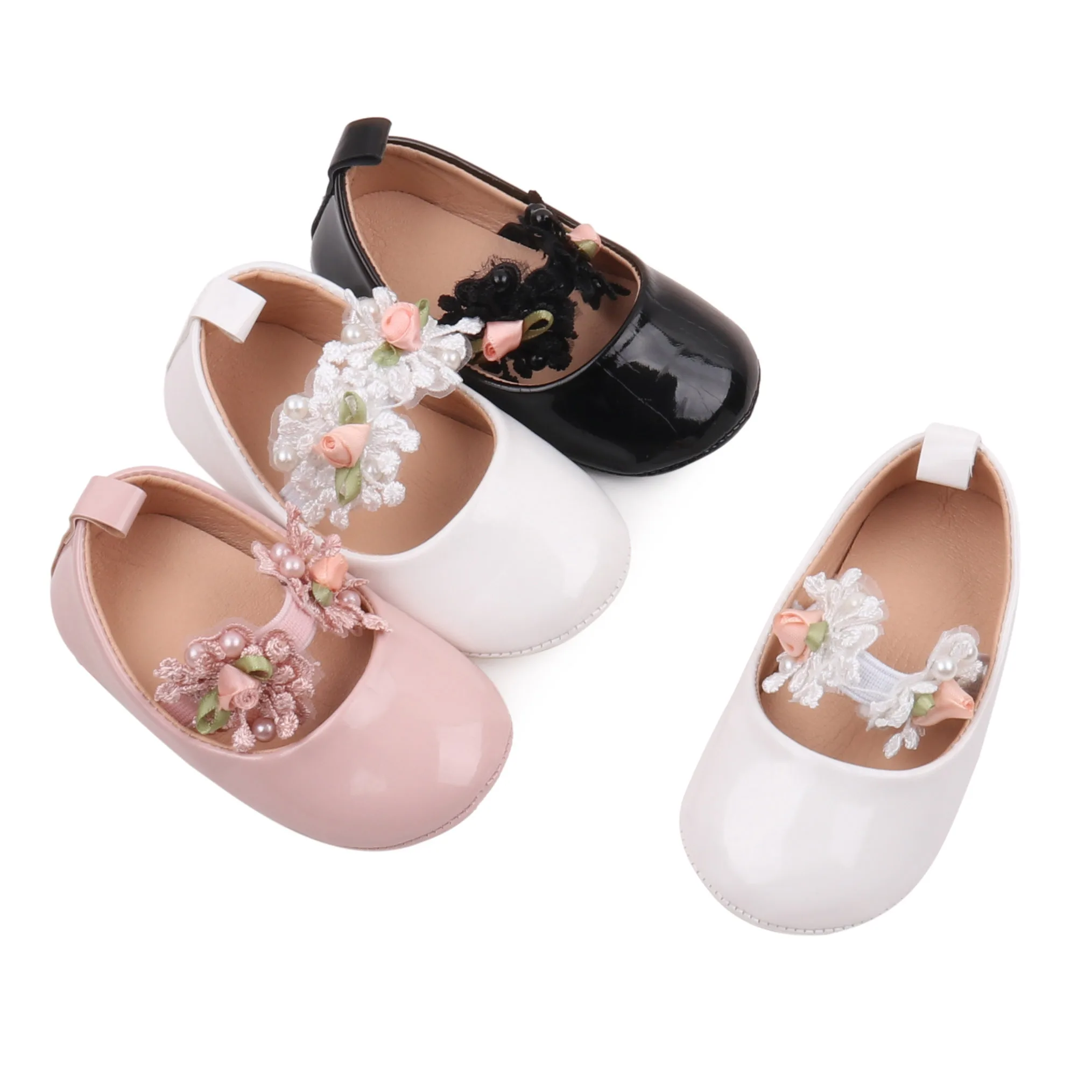 Baby Girls Solid Color Princess Design with Lace Flower and Elastic Band Breathable Toddler Shoes details