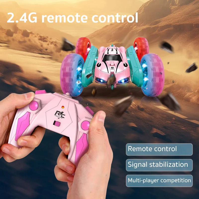 Pink Color Rc Stunt Car Cool Light Remote Control Car Double-sided Rolling Driving Tipper Truck Toy for Girls Gift