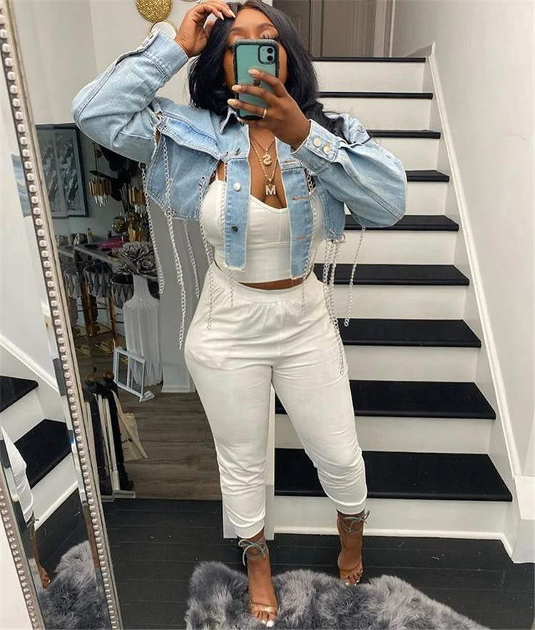 Sexy Backless Chains Tassel Cropped Denim Jacket 2022 Spring Autumn Women Ripped Holes Loose Short Jeans Jacket