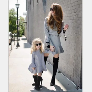 2020 mother and daughter matching outfits solid trumpet sleeve dress parent-child wear women's clothing mommy and me outfits