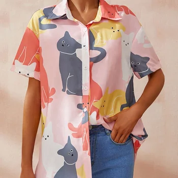 2022 Autumn Women Fashionable Style Cartoon Cats Printing Long-sleeve White Shirts Casual Tops For Holiday Blouse