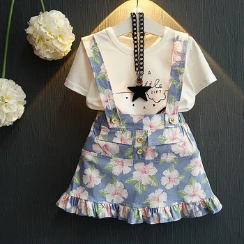 cheap wholesale china clothing kids Small and medium girls clothes set watermelon T-shirt floral strap short skirt 2 piece suit