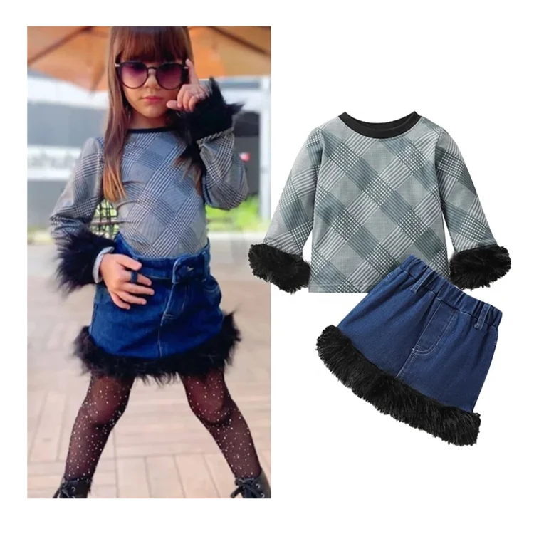 1-6Y fashion kids girl clothes sets long sleeve plaid pullover tops stretch denim skirt casual 2pcs sets for girls