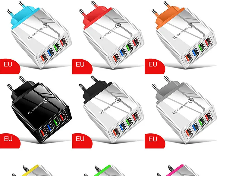 Fast Charging EU US UK 4 Ports 3.1A Mobile Cable Phone QC 3.0 Travel Wall Charger for IOS Android Power Bank