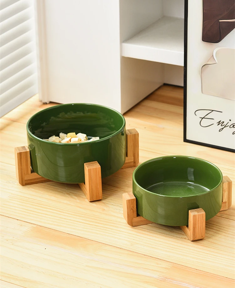 Wholesale Pet Cat Dog Ceramic Food Bowl With Raised Wooden Frame Multiple Colors Pet Feeder Ceramic Bowl
