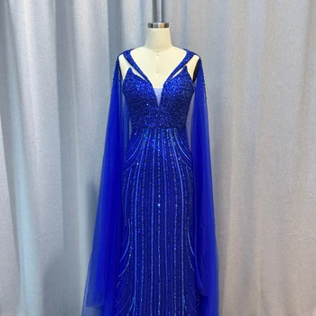 Women's Blue 2024 One-Shoulder Beaded Mermaid Evening Gown Breathable Party Wedding A-Line Natural Simple Embroidered Tulle