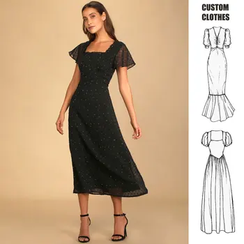 2024 Summer New Style Dots Printing Linen Dress Women Sexy Short Puffed Sleeve Side Slit Girl'Casual Black Maxi Dres